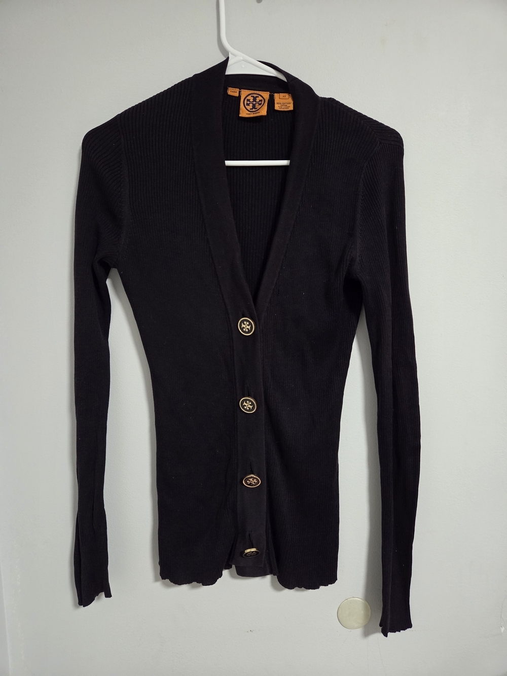 Tory Burch Black Ribbed V-Neck Button Cardigan